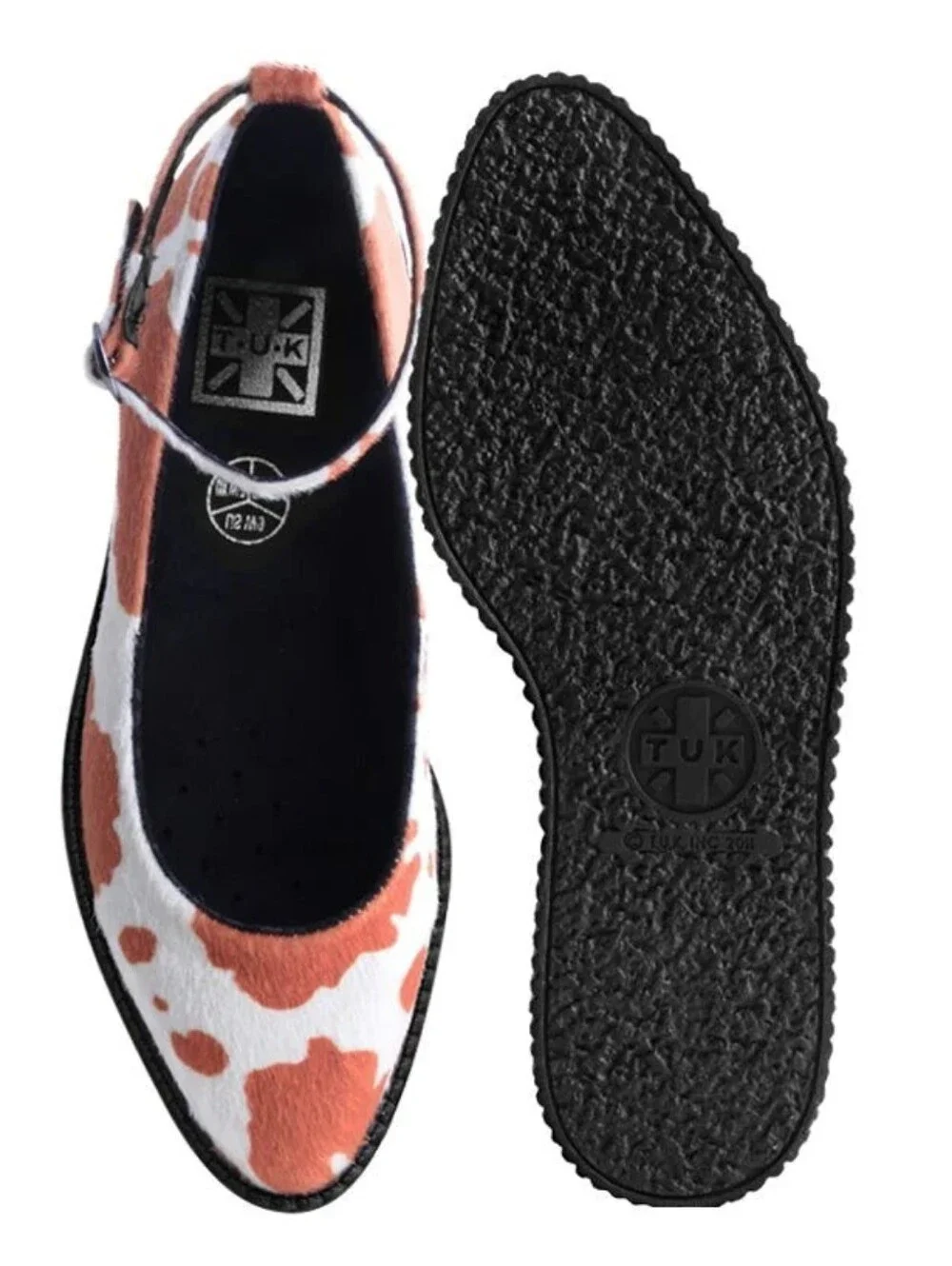 T.U.K. Brown Cow Print Pointed Ankle Strap Ballet Creeper ** Size 7